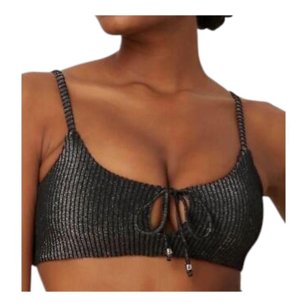 ANDIE Swim Women S The Waikiki Top Bikini Black Silver Sparkle Keyhole Tie NEW